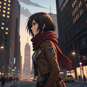 Mikasa Ackerman, fierce and determined, wearing a brown jacket and red scarf. Standing alone in a bustling cityscape under twilight skies.