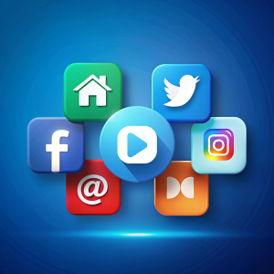 Social media concept icons and logos facebook, instagram, twitter, youtube on blue background.