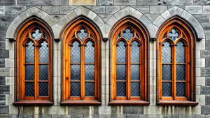 wall hight gothic hight four window glass ,wood wall design - perfect realistic art,wood - high-definition - brown and black wood wall- old stone grey background 