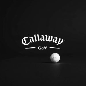 A sleek and minimalist logo for Callaway Golf. Elegant font with simple golf ball icon in white on a stark black background.
