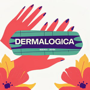 Modern logo design for Dermalogica. Brand name in bold font at the top. Below it, details about brand origin and development. White background, emphasizing high-quality skincare products and research-driven approach.