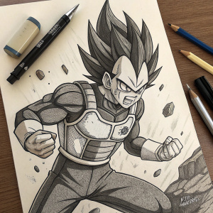 Vegeta, from Dragon Ball Z, depicted in intense fighting stance. Black and white artwork, detailed, against off-white canvas. Drawing tools like pencils and erasers around the sketch.