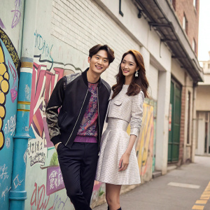 Kai and Yoona on the cover of a fashion magazine. Urban street setting with colorful graffiti in the background.