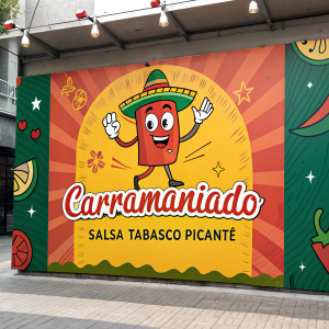 Creative branding for Carramaniado, a brand famous for Salsa Tabasco Picante. A cheerful cartoon character waving in front of a vibrant, colorful backdrop
