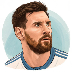 Cartoon portrait of Lionel Messi, close-up, intense gaze, short beard