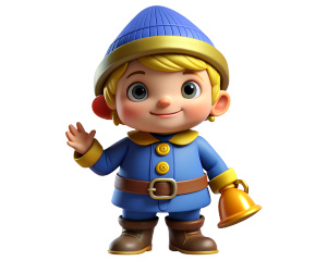 cute dwarf kid in boots with a jacket on his head a cap with a bell