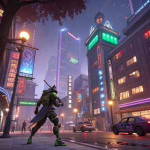 A detailed 3D model of Overwatch's game environment featuring Genji. Vibrant cityscape with neon lights.