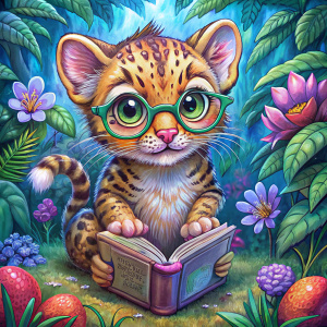 cute baby Ocelot, wearing glasses,reading a book, very touching and touching