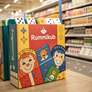 Creative packaging design for Rummikub. Vibrant colors and cartoonish faces. Product info in English.