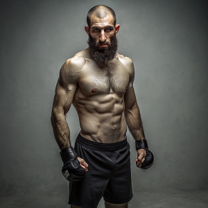 Skinny Dagestani man, with a Muslim beard, short hair, no shirt on, standing in Muay Thai stance, wearing MMA gloves
