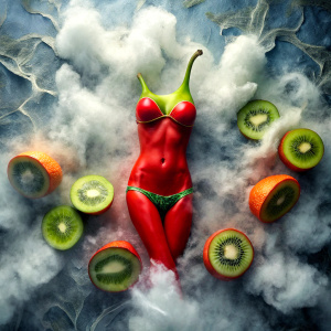 kiwi in a swimsuit lies on money surrounded by smoke and peppers and the sea