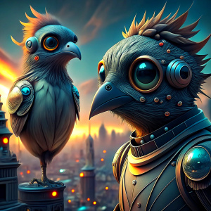 "Create images featuring organic bird-like robots with humanoid faces engaging in conversations with small robotic sparrows, capturing the scene from a wide-angle perspective."