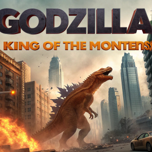 Movie poster for 'Godzilla: King of the Monsters'. Giant orange creature smashing through cityscape. Release date and theater information listed.