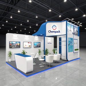 High-tech exhibit booth showcasing ChemPack. Sleek design with white and blue color scheme. Multiple panels, comfortable seating, and a prominent display featuring the ChemPack logo.