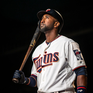 Eduardo Nunez, baseball player, in full uniform. White jersey with Minnesota Twins logo. Dark background, highlighting his fierce determination.