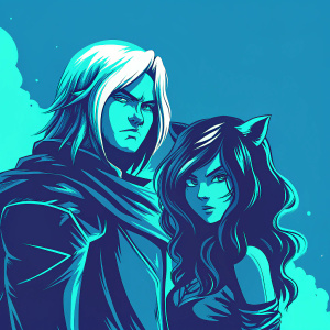Illustration of Zed and Ahri from League of Legends. Zed with sharp face, long white hair, and serious expression. Ahri with human-feline features, dark wavy hair, and a serious look. Soft, light blue background.