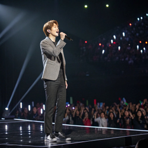 Jaehyun from NCT at a music award ceremony. Black stage, spotlights, crowd cheering