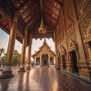 A panoramic shot inside an ancient Thai temple hall in Chiang Mai. Ornate carvings, golden decorations, and detailed architectural designs fill the space. Columns and walls showcase intricate patterns. The temple's vast central area leads to a focal point, highlighting its grandeur.
