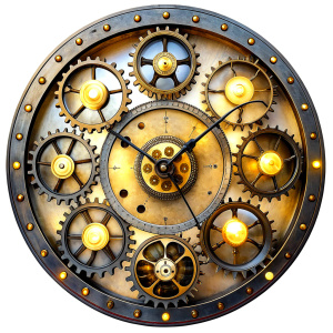 large fabulous round clock in the Great Gatsby and Art Deco steampunk style, inside the clock there are flying mechanisms, nuts on the front. Without background