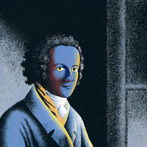 Friedrich Hölderlin, a German poet from the late 18th to early 19th century, depicted in a vibrant color illustration. Curly hair and intense gaze. Modern digital art style.