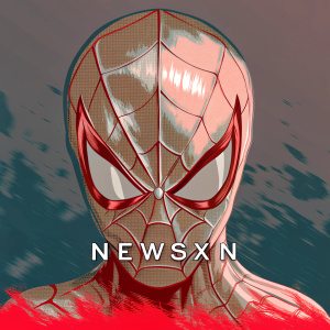 Modern logo with Spiderman's face, angular design highlighting letter G, metallic red finish. Dark, water-themed background. Below, 'NEWSXN' in sleek font.