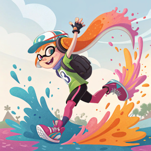 Digital art depicting Inkling from Splatoon in mid-jump, splattering ink