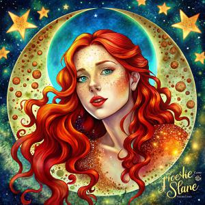 Heavily Freckled faced lady with long red hair sitting on the crescent moon. "Freckle & shine"
