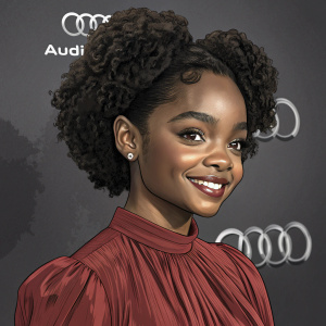 Close-up portrait of Marsai Martin, African American actress, youthful appearance, curly textured hair, warm smile. Wearing deep red blouse with gathered neckline. Dark gray background with Audi logo.