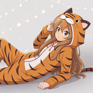Digital rendering of Aisaka Taiga from Toradora. She's in a dynamic, tiger-themed costume with intricate detailing. The figure is lying down, surrounded by soft, ambient lighting on a subtle, light backdrop.