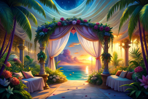 "Imagine a tropical paradise-inspired romantic room with flowing canopy curtains, vibrant floral accents, and a canopy bed overlooking a moonlit ocean. Create a scene that transports viewers to a romantic escape."

