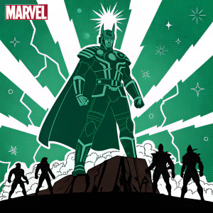 In a bold graphic novel, the emerald guardian of Thor Ragnarok looms large. Dark outlines and simplified shapes dominate the artwork. A striking green and white color scheme highlights the cosmic antagonist, flanked by shadowy companions. The Marvel logo blazes at the top, encapsulating the cinematic universe's iconic style.