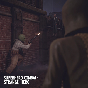 Digital 3D game scene from Superhero Combat: Strange Hero. Green alien wielding a gun amidst other characters. City backdrop with brick wall detail. In-game text highlighting action and superhero theme.