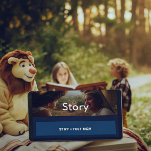 App design featuring a ChatGPT Story Interface for Frozen. Includes playful lion-like character, Elsa, and other Frozen characters. Color scheme of blue, white, and brown. Play button prominently displayed at bottom.