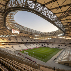 Lusail Iconic Stadium, Qatar. Majestic structure with a large seating capacity. Modern infrastructure and a unique architectural design with a high, curved roof supported by intricate metal trusses. The stadium is spacious with rows of seating leading to a well-manicured central field area.