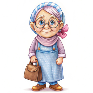 cartoon art, милая бабушка в очках, серые глаза, одета в голубое платье и розовый фартук, на голове платок, стоит прямо, держит в руках коричневую сумку, белый фон, цифровая живопись, детализированная цифровая графика, рисунок цветными карандашами