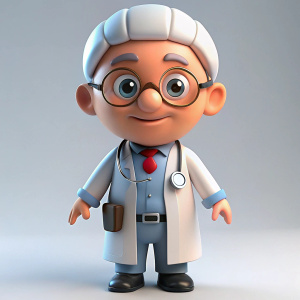 Imagine a high-quality 3D rendering of an adorable cartoon character portraying a cute and friendly retired doctor. This detailed illustration highlights the character's medical attire and compassionate demeanor against a clean, white background, ensuring a visually appealing and professionally crafted depiction of a cute doctor in a 3D cartoon style.
