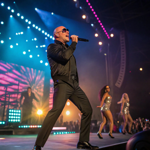 Pitbull performing at Coachella, surrounded by dancers and vibrant stage lights.