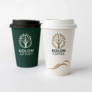 Modern graphic design featuring 'KOLON SPORT' and 'KOLON COFFEE'. 'KOLON SPORT' has a sleek, stylized tree logo. 'KOLON COFFEE' features an elegant coffee cup. The design is on a crisp, white background.