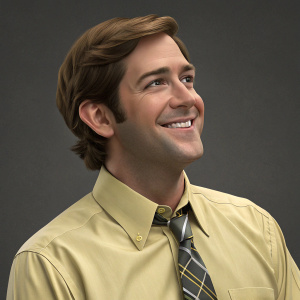 Jim Halpert, in 3D illustration, friendly grin. Neatly groomed brown hair, wearing yellow shirt and tie. Gray background, professional pose.
