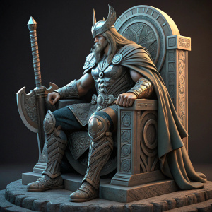 A 3D render of a Norse-inspired Marvel Comics character, King Thor. He is depicted sitting on a throne with detailed carvings, wielding a uniquely designed sword. The statue is metal with a single color, showing a still and serious pose.
