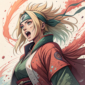 Digital illustration of Tsunade from Naruto, vibrant and dynamic pose. Character shown with mix of colors and expressive style. Sketch has detailed lines and shading, red ink splashes create abstract background.