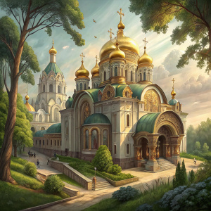 The Kievo-Pecherskaya Lavra Monastery, an architectural marvel, looms majestically in a lush green setting. Its intricate design, golden domes, and grand arched entrances offer a glimpse into a bygone era of exquisite craftsmanship.
