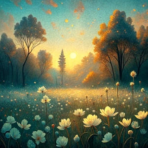 Vintage Old, Spring Meadow with small white Flowers with the Sunrise in the background. Photo Realistic