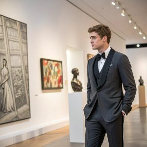 Max Irons in a dark grey tuxedo, standing in a modern art gallery. Surrounded by abstract paintings and sculptures.