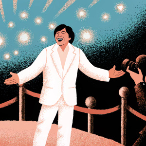 Jackie Chan at a movie premiere. Wearing a white suit, laughing. Flashing lights and a crowd in the background.