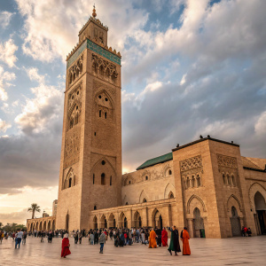 Majestic Koutoubia Mosque, Marrakesh, Morocco. Crowds in vibrant attire, partly cloudy sky, intricate stone carvings.
