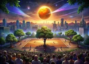 a volleyball court  with audience and a background city only daytime adding a meteorite in basketball ball add some audience