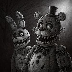 Digital artwork featuring shadow Bonnie and Shadow Freddy from Five Nights. Black and white, detailed illustration.