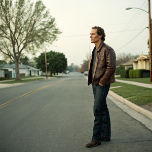 Matthew McConaughey, in dark jeans and a brown leather jacket, stands alone on a quiet suburban street.
