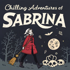 Promotional illustration for 'Chilling Adventures of Sabrina'. A captivating design featuring Sabrina in her witch outfit, standing ominously against a dark backdrop. Title 'Chilling Adventures of Sabrina' in bold, white, gothic font. Graphic elements like skulls, moons, and broomsticks woven into the design.